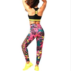Spread Zumba Love High Waist Laced Up Leggings size Small Spicy Pink Yellow